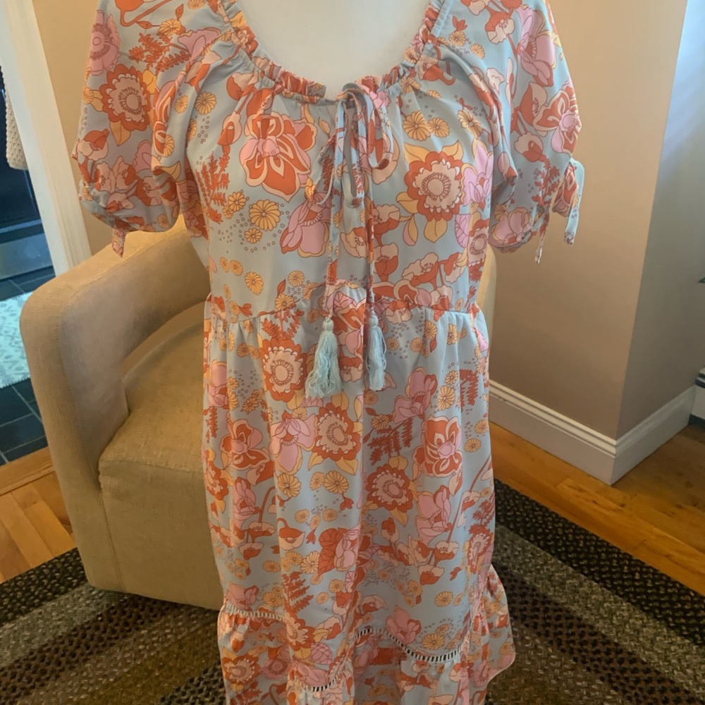 Floral Boho Mini Dress in Light Blue and Orange